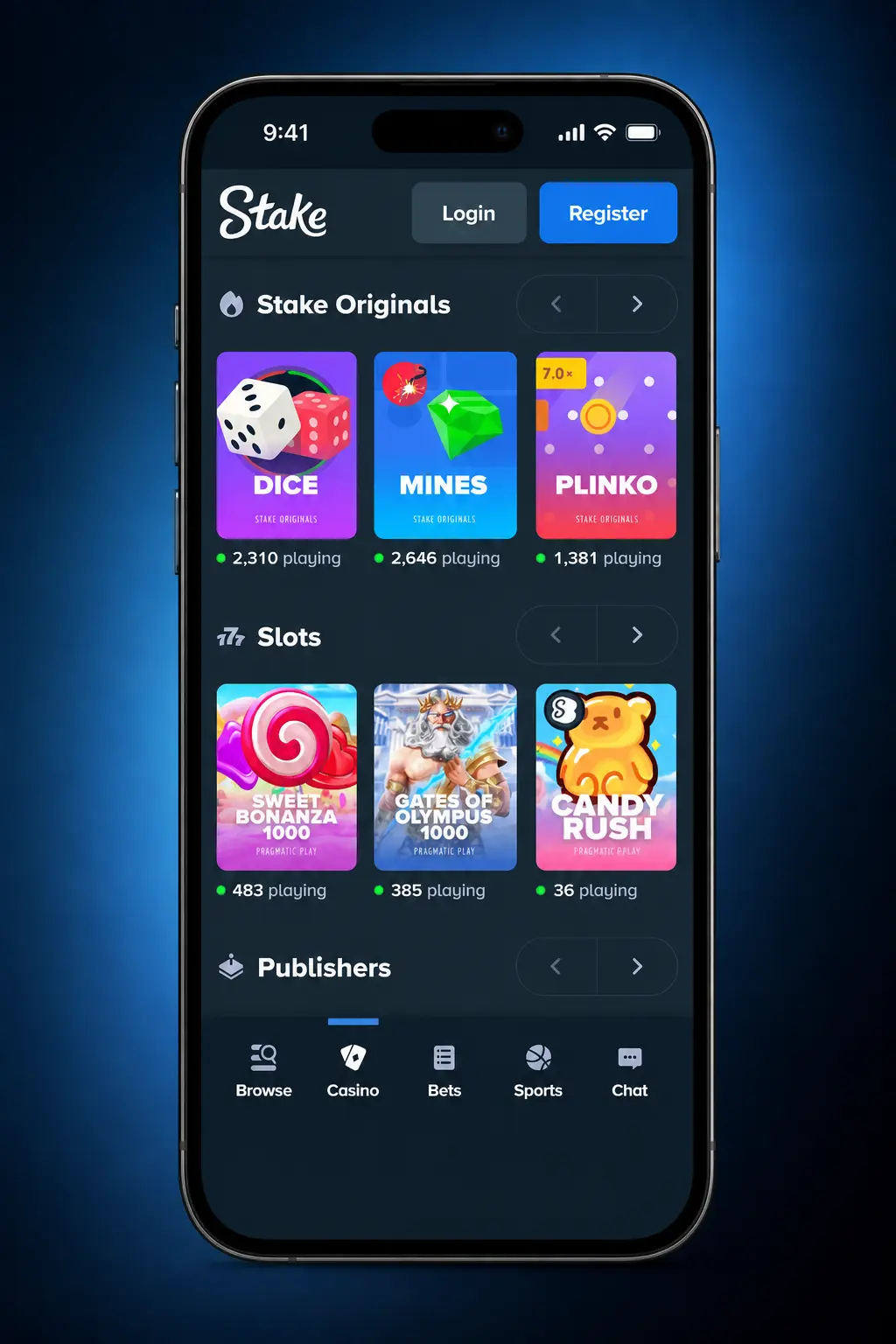 Stake live casino lobby showing game categories, live dealer tables, and navigation steps for Canadian players