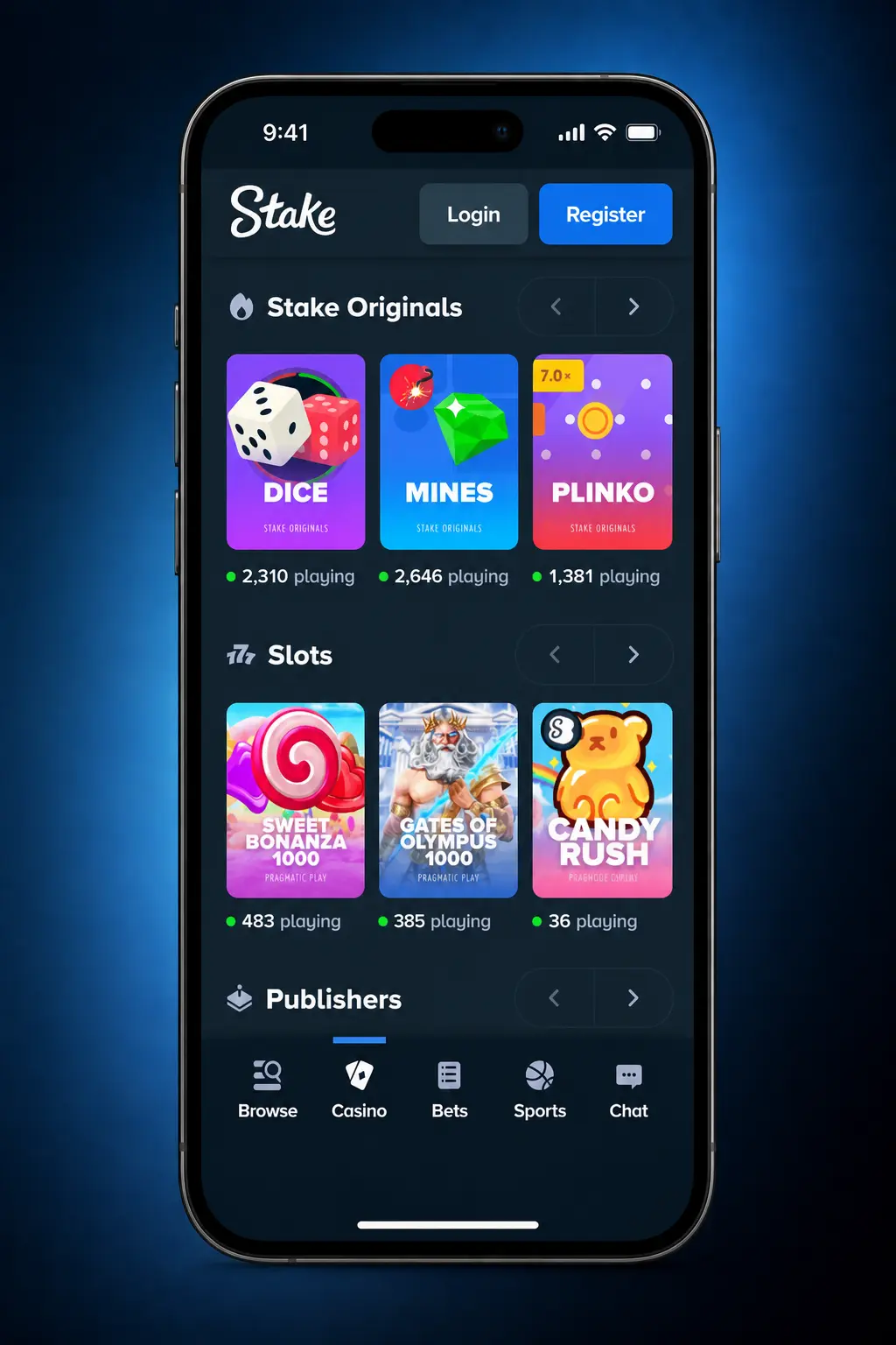 Live casino lobby on Stake showing game categories, live dealer tables, and navigation menu for Canadian players