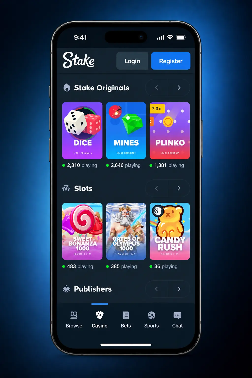 Stake live casino lobby showing game categories, live dealer tables, and navigation menu on desktop screen