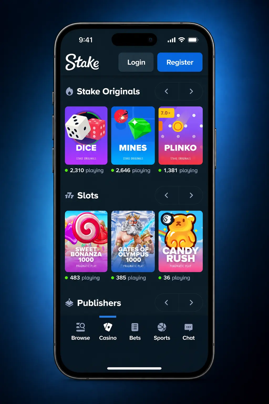 Live casino table on Stake with dealer stream, chip selection, and betting interface visible on screen