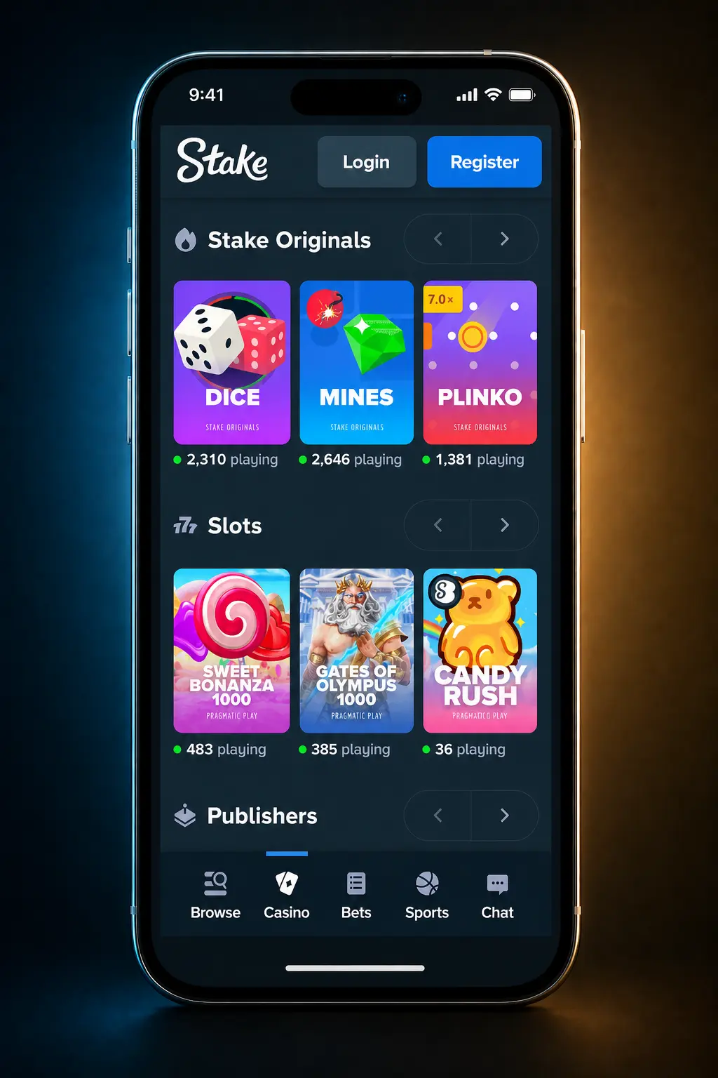 Step-by-step guide showing how to play slot games on Stake including login, deposit, and spinning slots